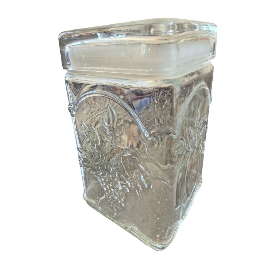 Vintage Canadian Glass Canister 7" Square Embossed Fruit Leaf Design Storage Jar - Picture 2 of 6